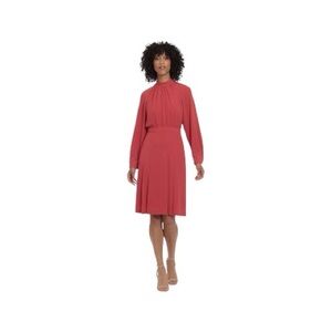 Maggy London  Red Crep Long Puff Sleeves Mock Neck Pleated Midi Dress 12
